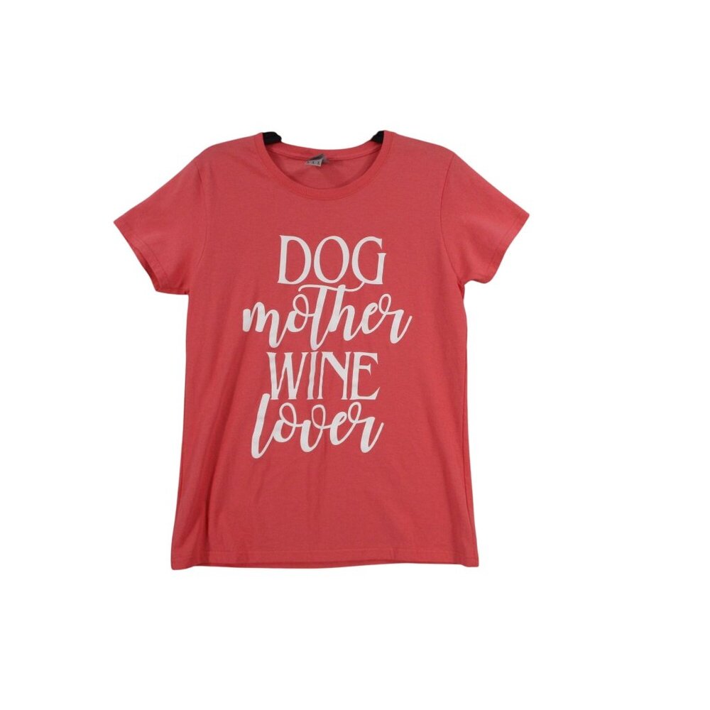 Dog Mother Wine Lover Womens Medium T-Shirt Gildan Heavy Cotton Pink Graphic Tee